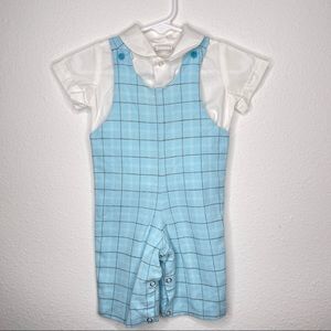 Jack & teddy baby blue overalls romper Jon Jon Sz 6mo